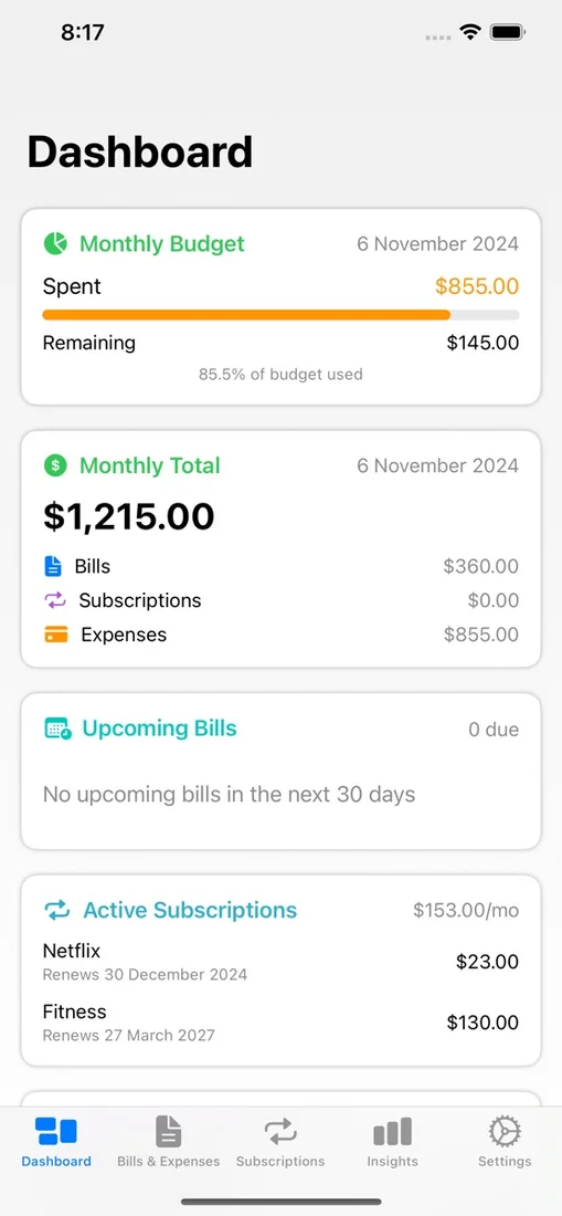 BillBot on iOS, screenshot 1
