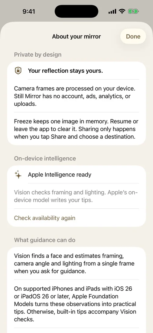 Still Mirror privacy and guidance information explaining on-device processing and optional Apple Intelligence